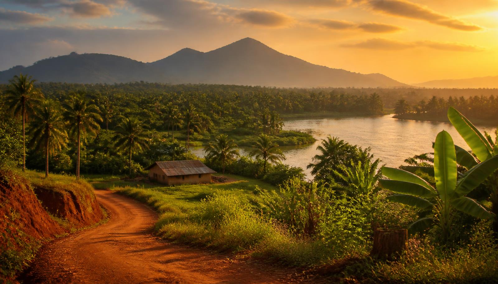Paysage ivoirien au coucher du soleil : lagune, palmeraie et piste de latérite